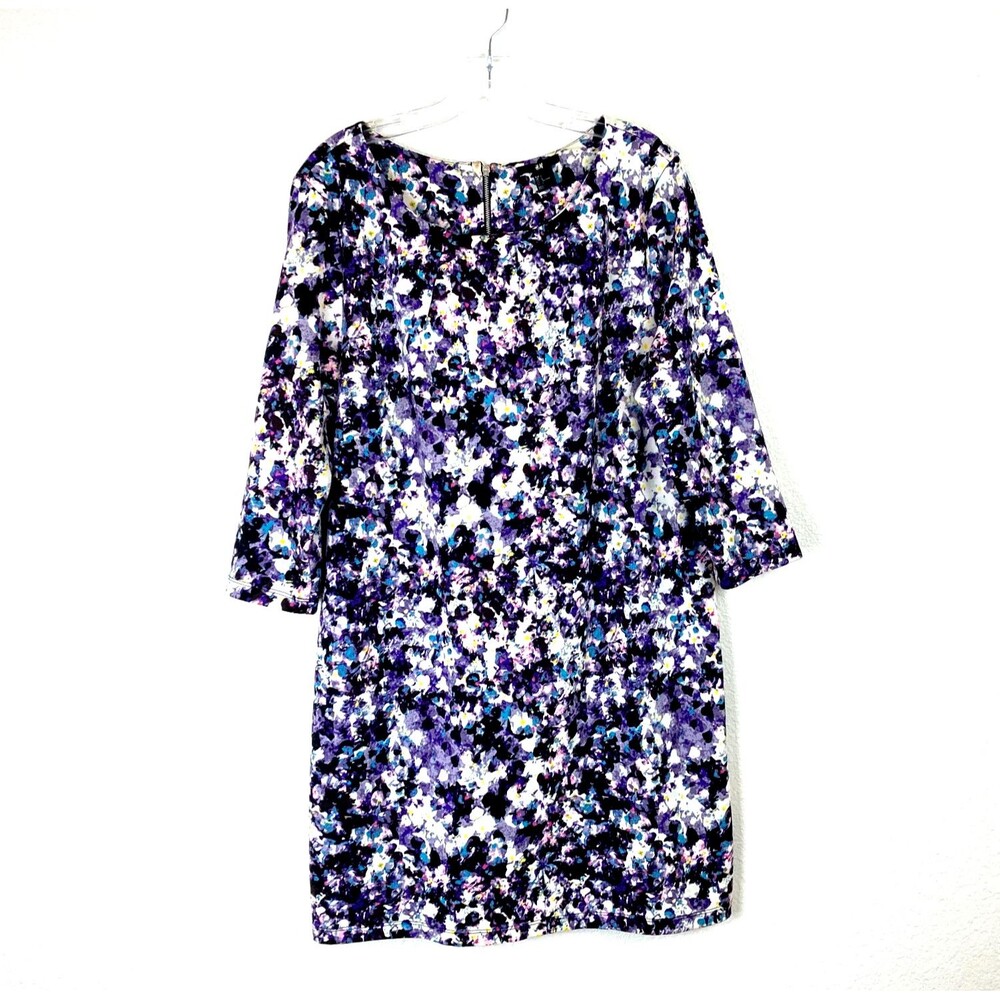 H&M Mini Sheath Dress Size L Floral Knit Stretch Purple Back Zipper